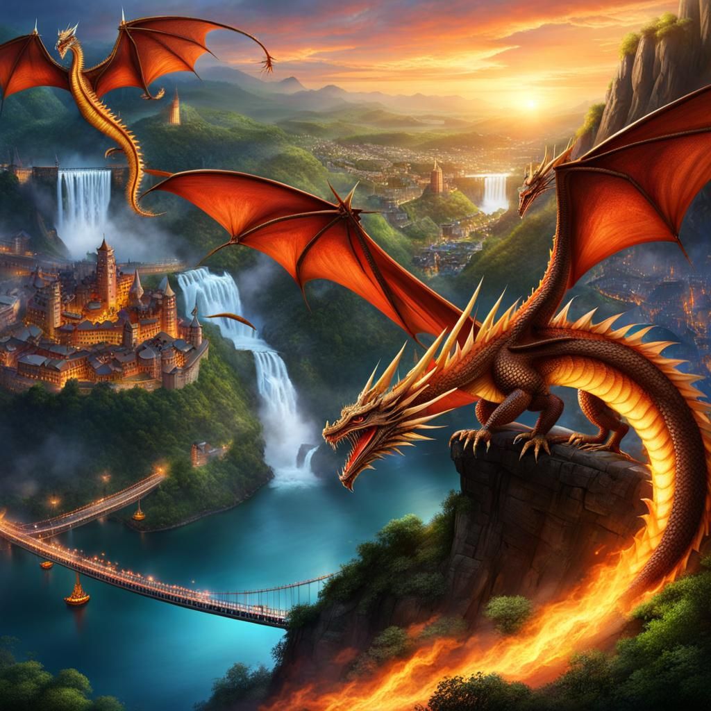 Dragons flying breathing fire at the city below, swing rope ...