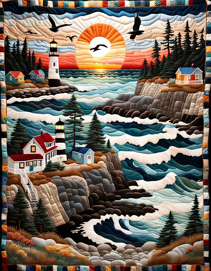 Quilt with a lighthouse ocean scene  by @Tiny Pearl Cat