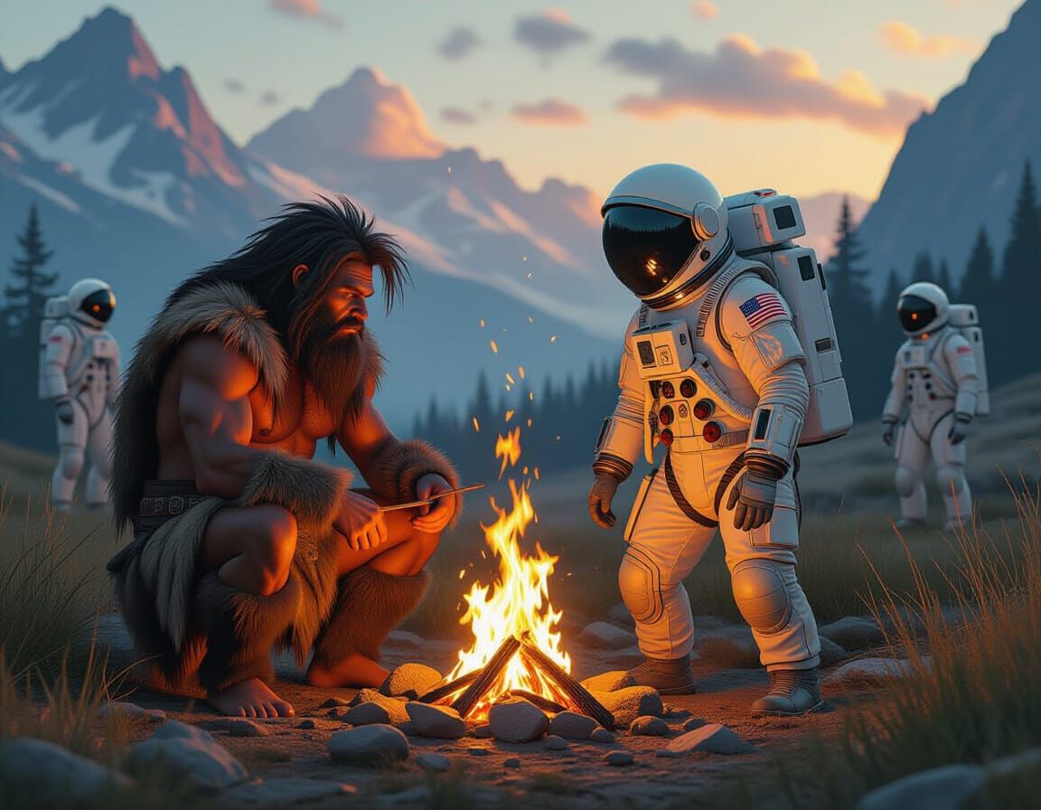 a Neanderthal is trying to start a fire in front of a cave, with an astronaut helping him, and a couple of other astronauts standing nearby ...