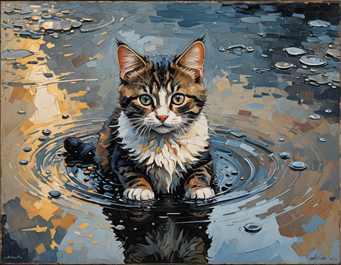 small cat sits in a puddle