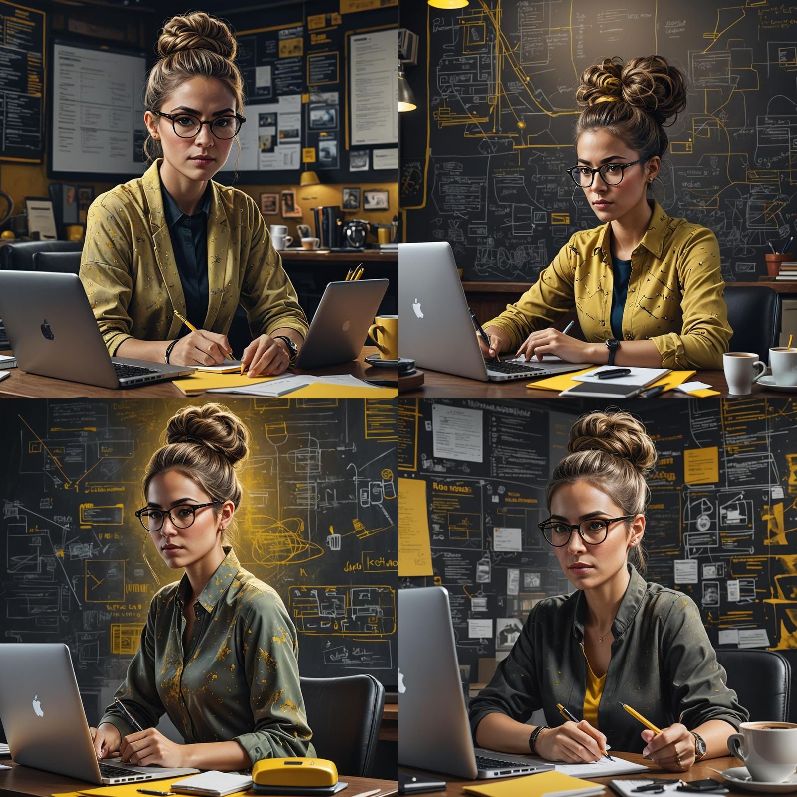 Hyperrealistic portrait of a woman in front of a lap top. Sh...