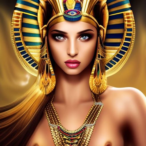 Egyptian goddess, long hair, supermodel, big chest, no clothes, gold ...