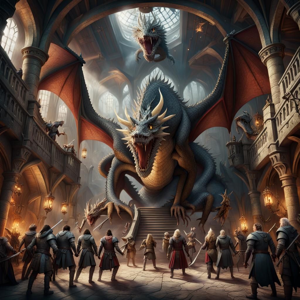 Adventurers fight a dragon. l