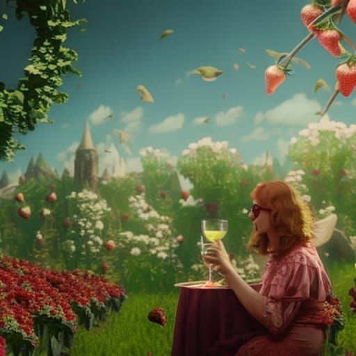 A lady sitting in a flower garden drinking a big glass of st...