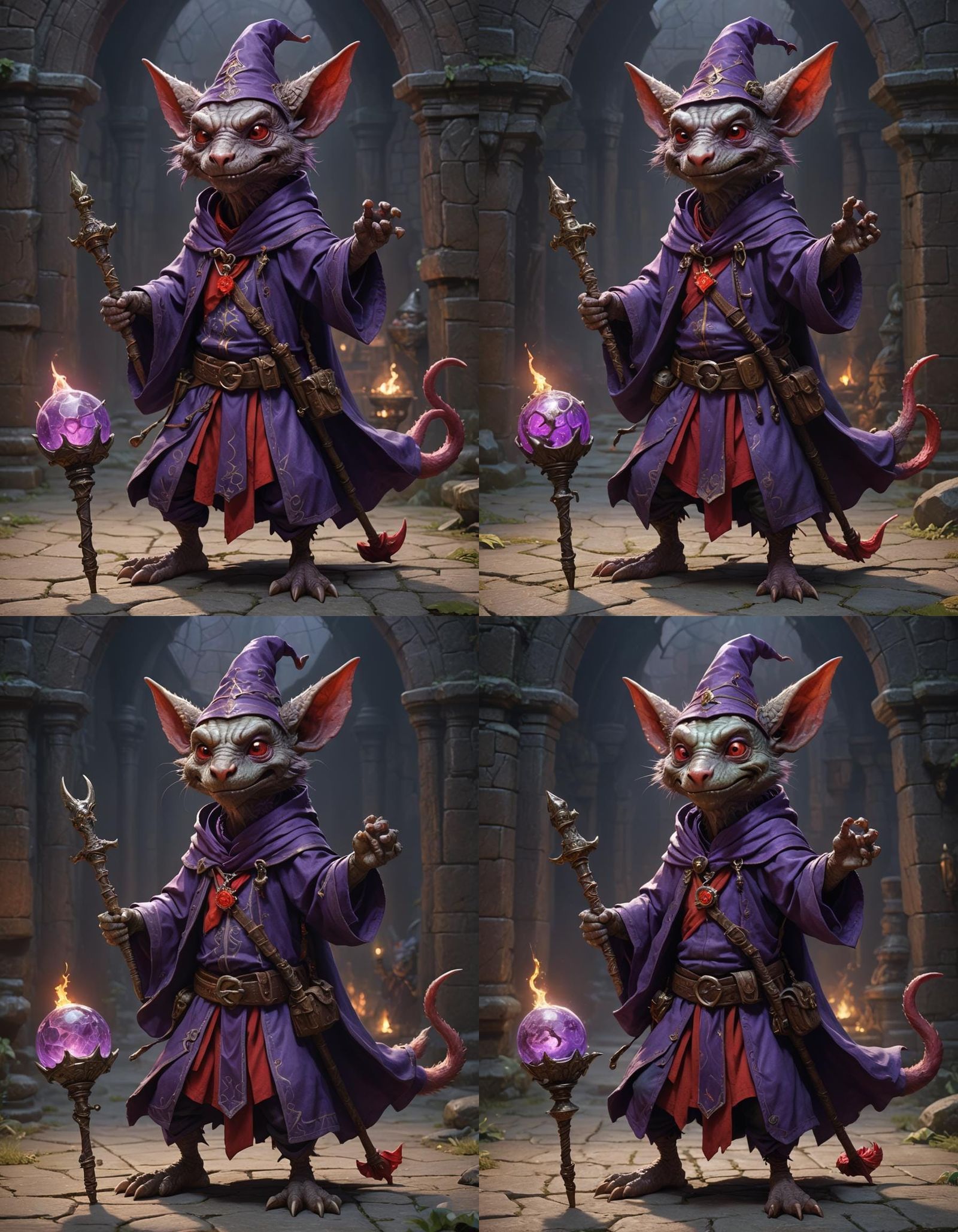 A kobold wearing a purple wizard’s robe holding a short staf...