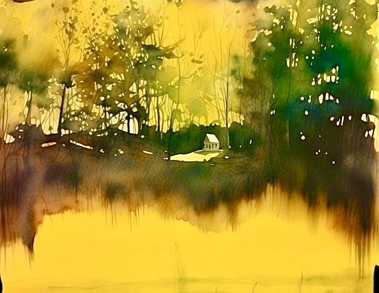 Watercolor of the lake at sunrise