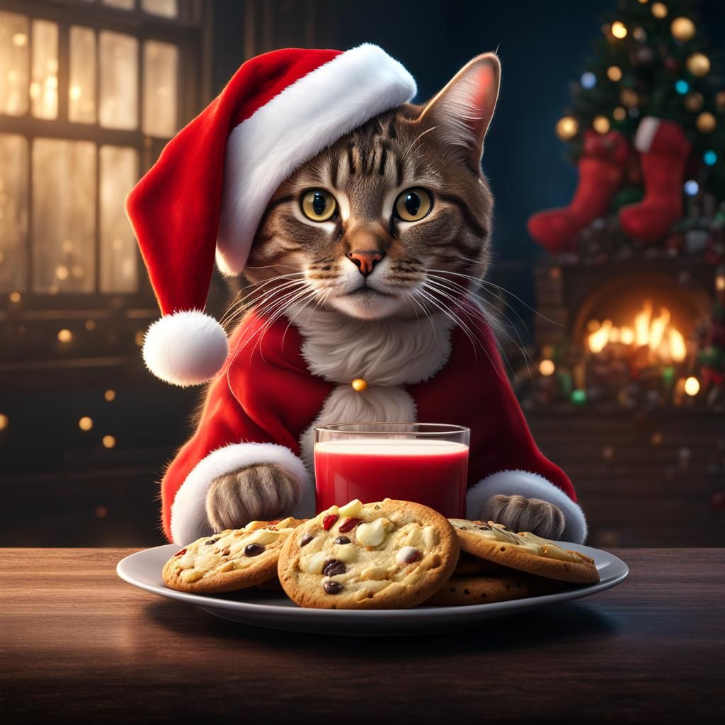 tabby cat with Santa hat and Santa beard holding cookie and ...
