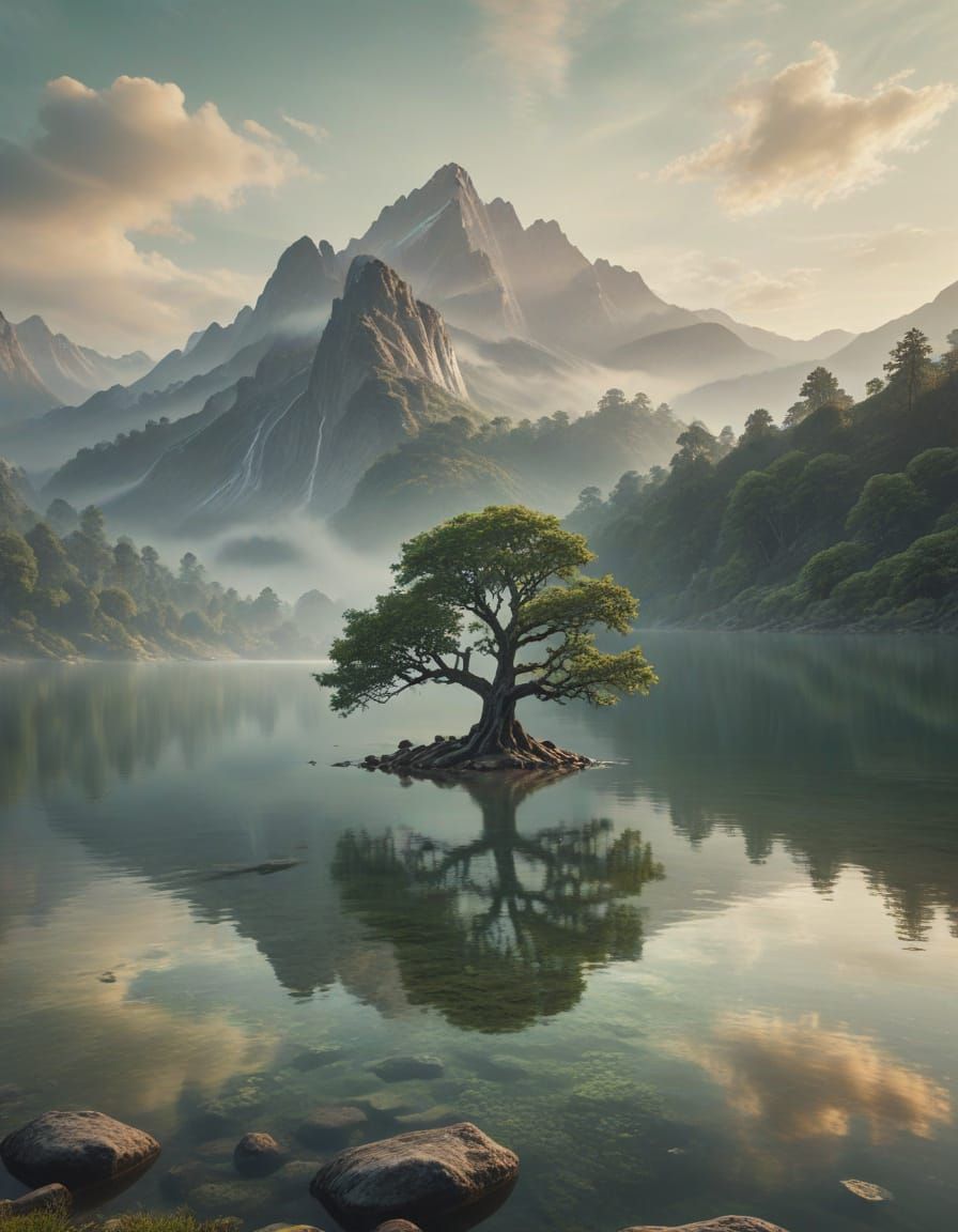 Majestic Ancient Tree in Serene Lake Landscape