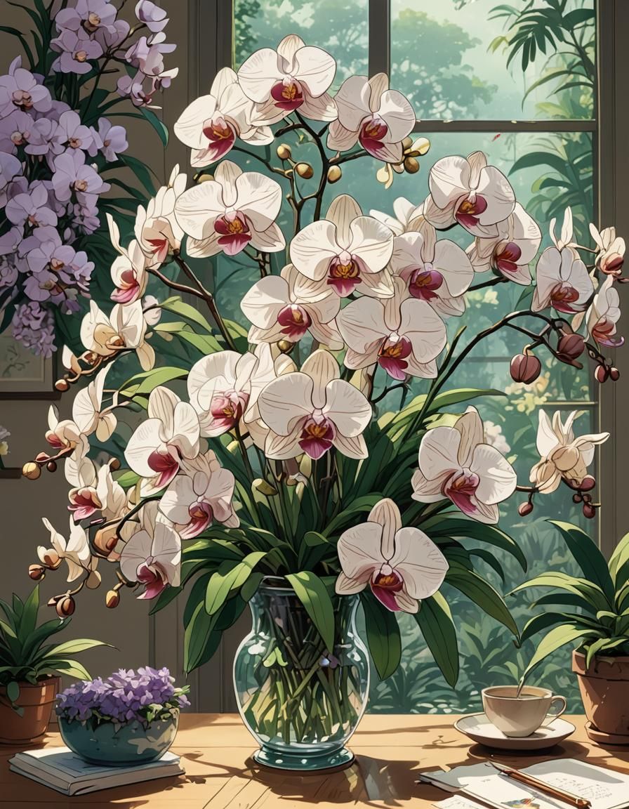 coloring book style, bouquet of orchids