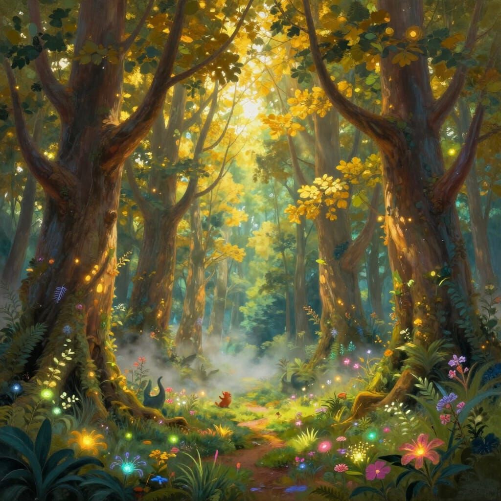 Magical Forest with Glowing Leaves and Fairytale Creatures