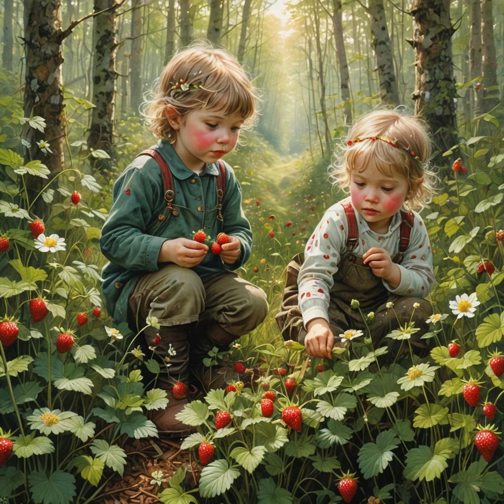 cute toddler siblings pick wild strawberries in a sunlit for...