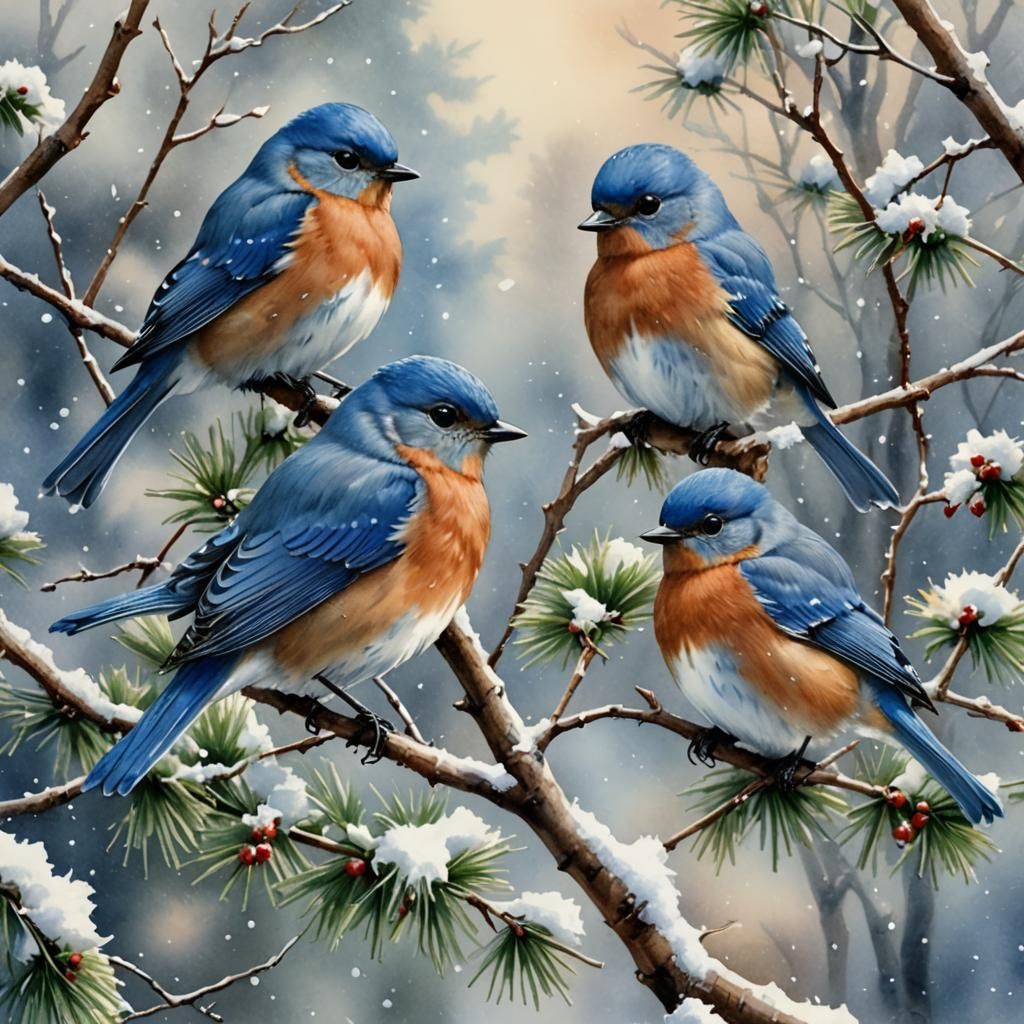 "3 fluffy bluebirds on a branch, winter snow, RomanticWatercolor Beautiful dreamy and colorful Art Deco/Victorian ...  by @Moonflowerrose69
