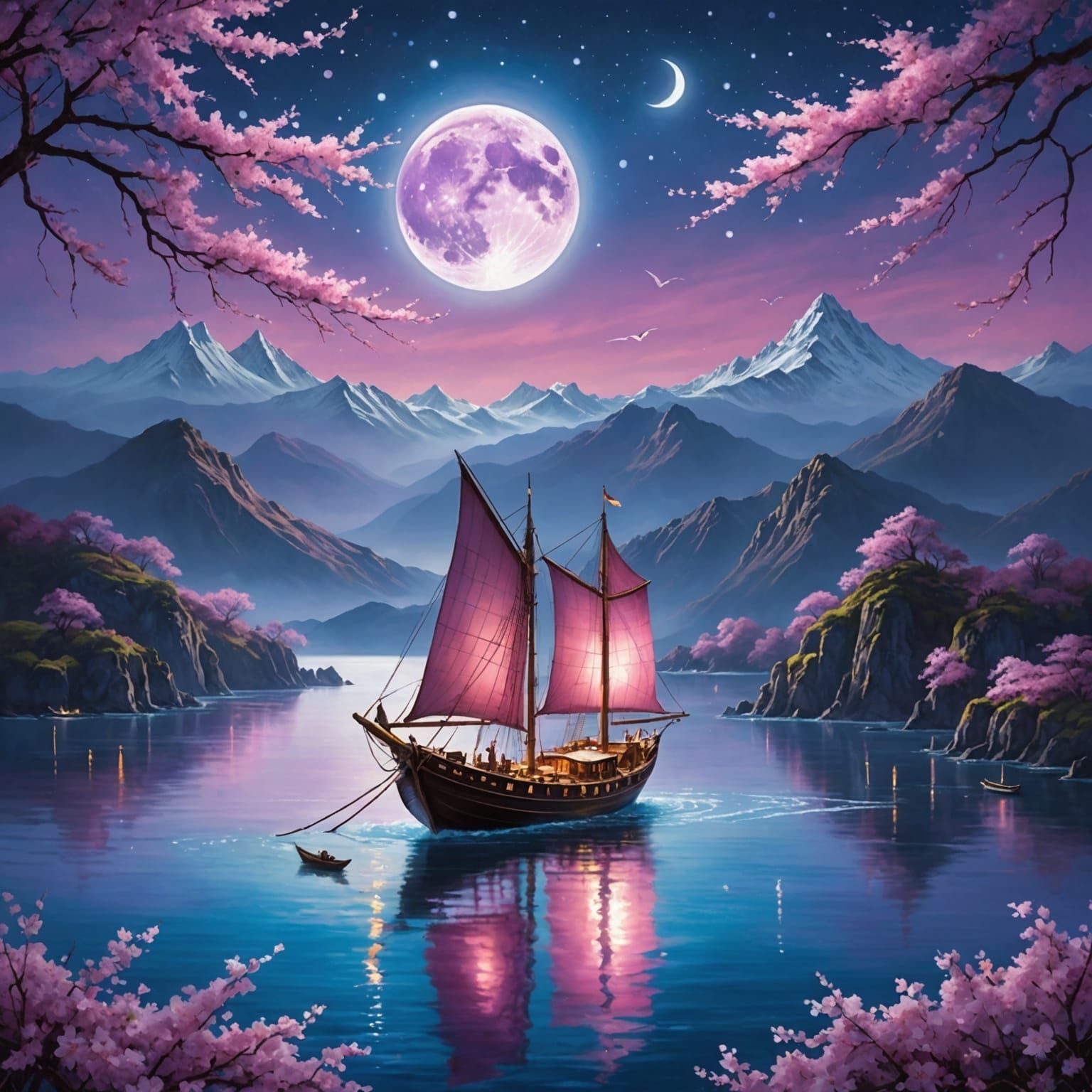 Majestic celestial boat sailing through a vibrant, starlit night, illuminated by a radiant full moon ...  by @undefined