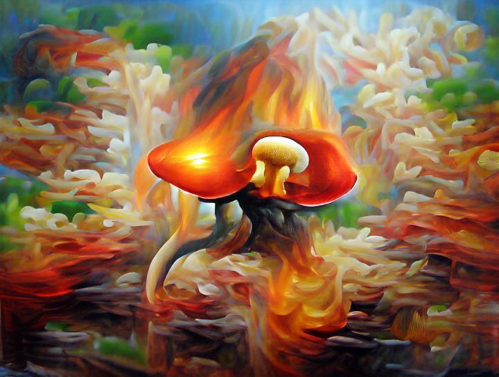 A flaming mushroom beautiful 8k resolution oil on canvas