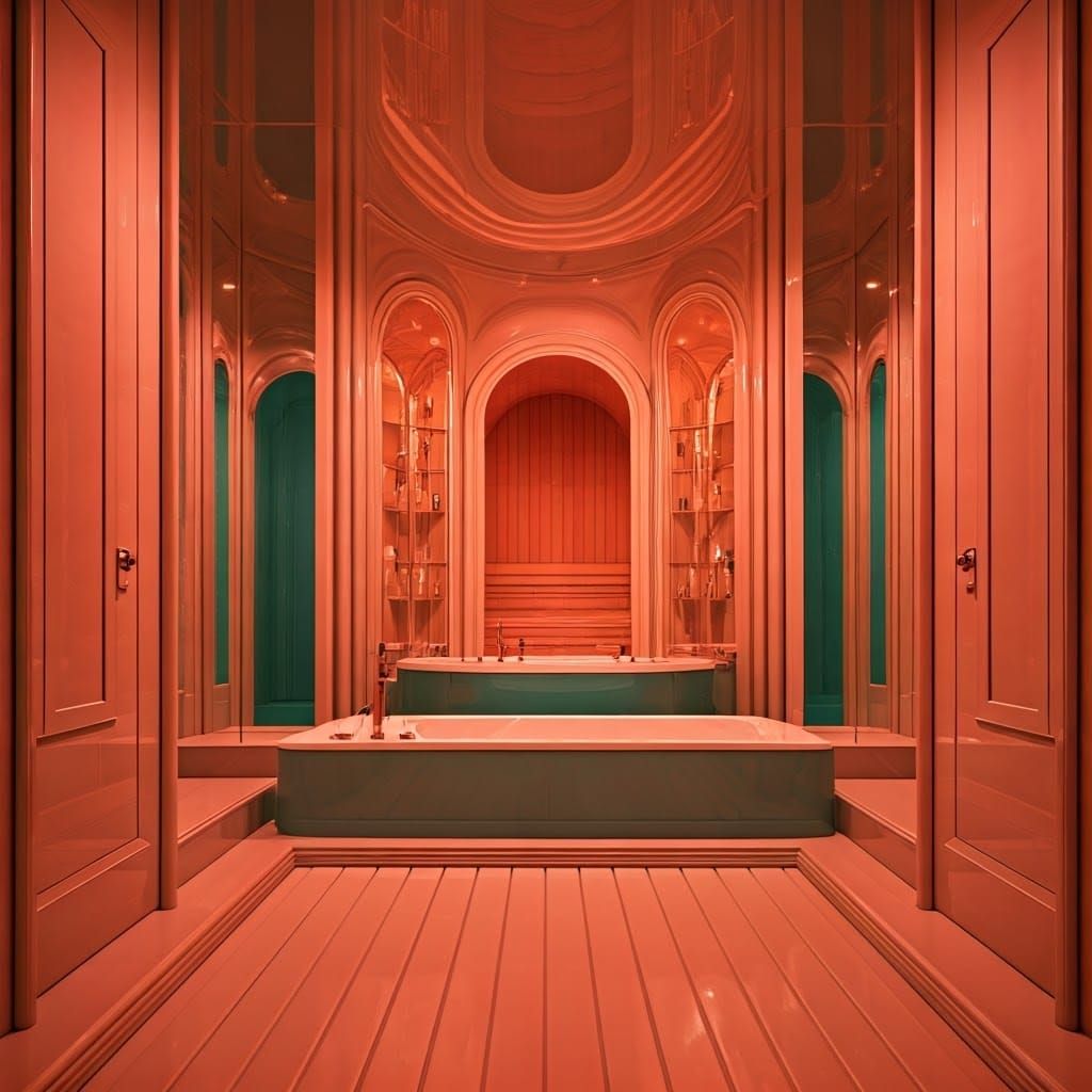 Peach, salmon and teal modern architecture space age styled luxury bathroom with suspended ceiling in a cozy Atmosphere and biforcated diag...