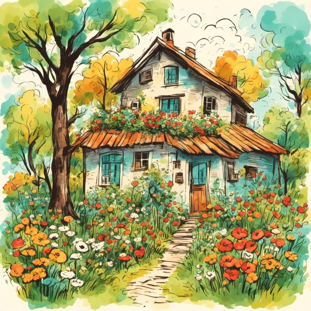 <lora:RetroDrawingXL:1.0>  Rural house trees flowers