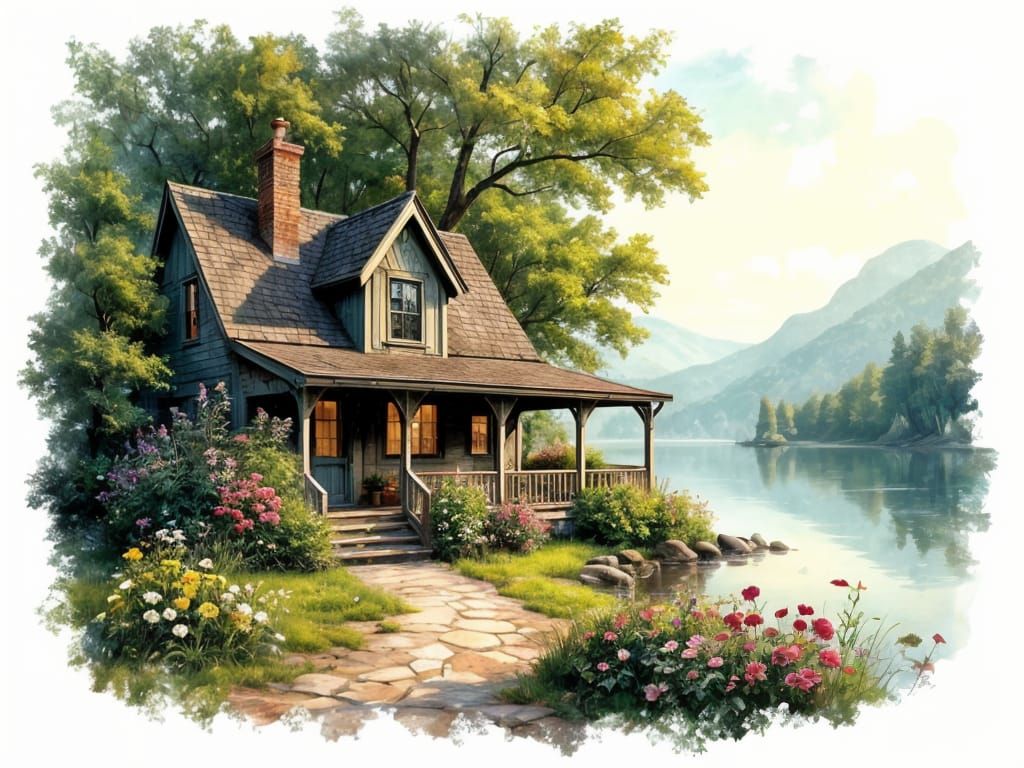 Ethereal Lakeside Cottage in Stylized Watercolor