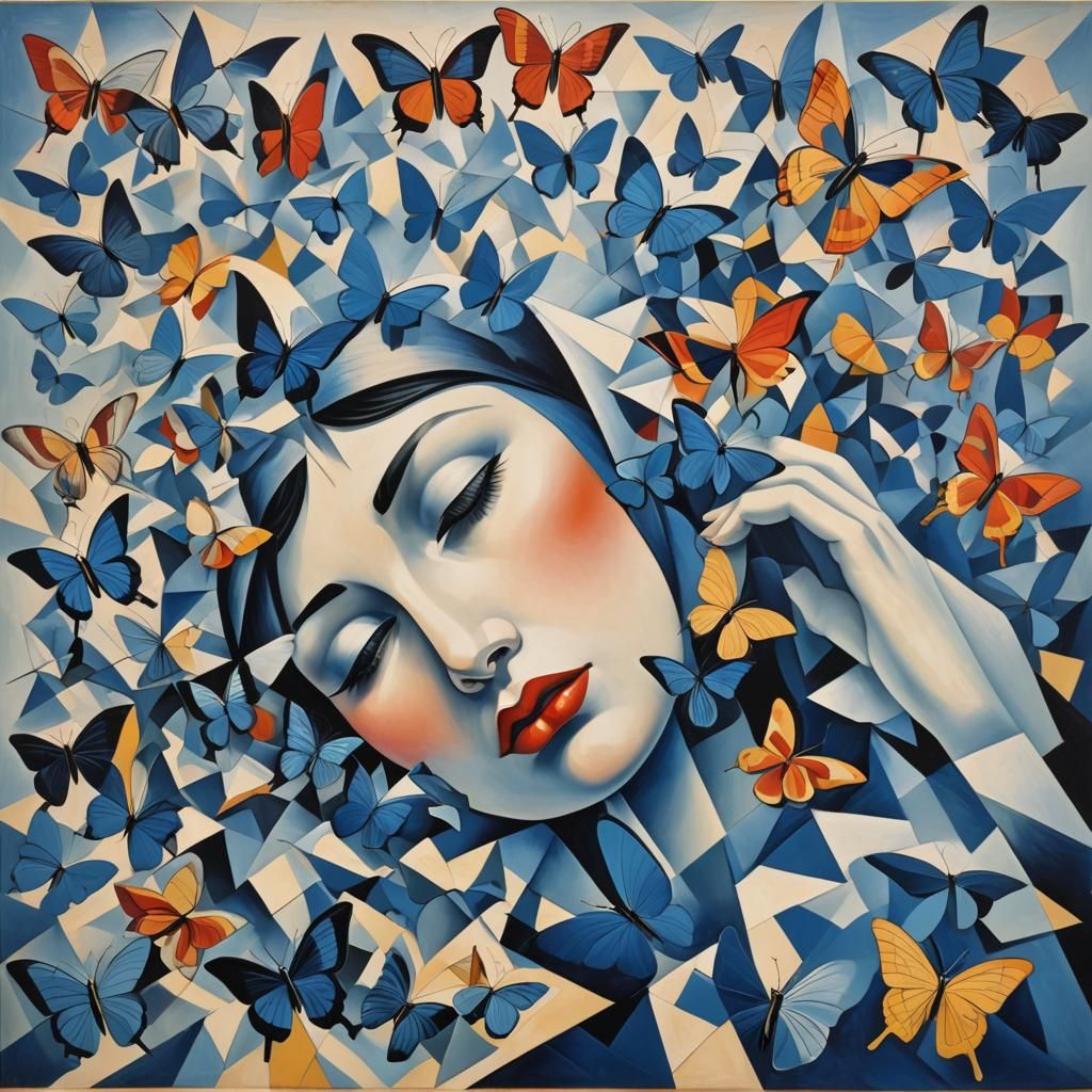 Shades of blue butterflies escape the mouth of a sleeping fi...