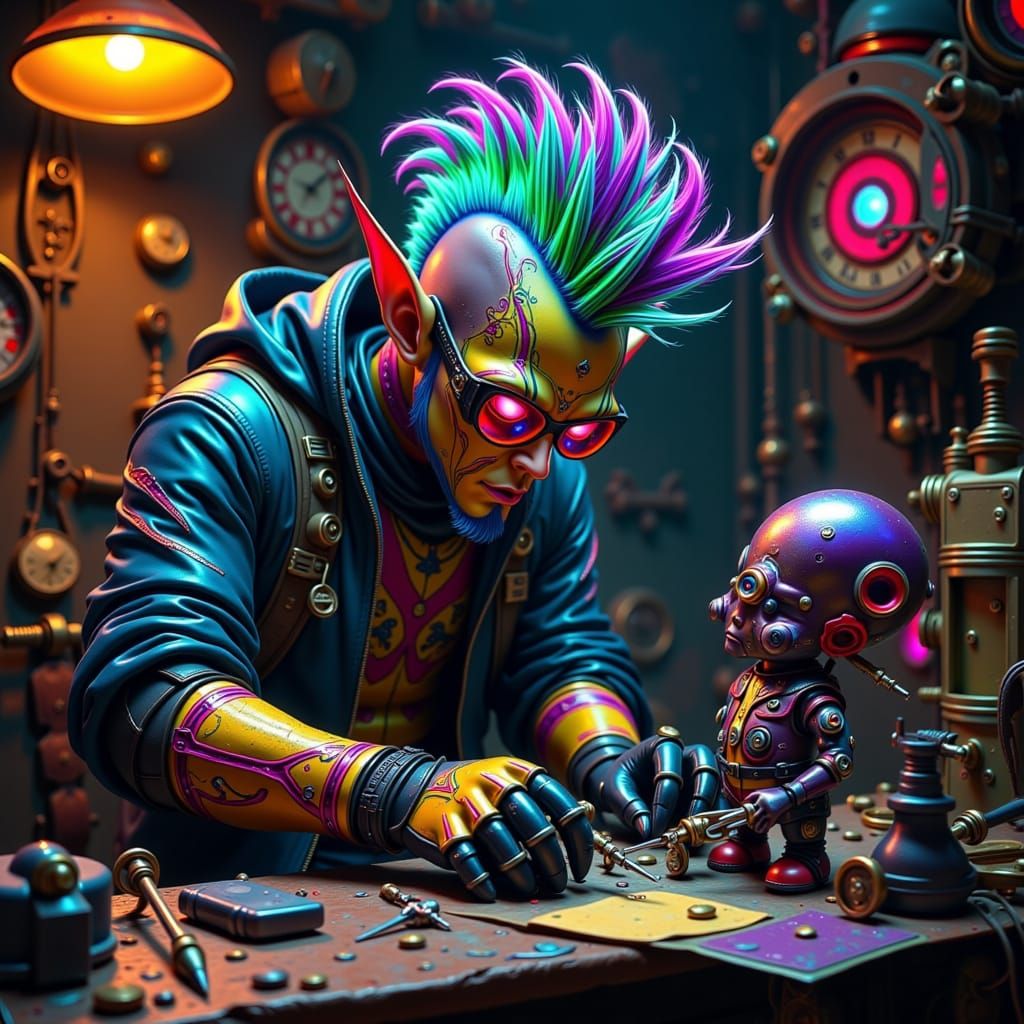 A highly detailed, cinematic photograph of a cyberpunk orc clockmaker cyborg with a striking, iridescent metallic Mohawk, crafted from intri...