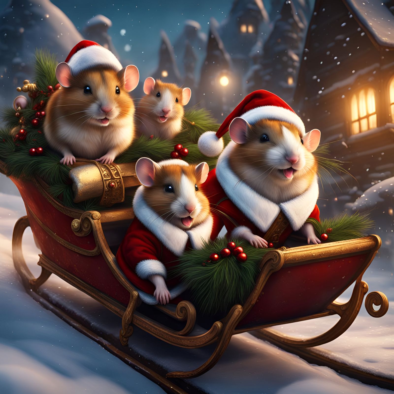 Hamsters enjoying Xmas dressed as santander and hamster elve loading a sleigh that hamsters are pulling ...  by @Myway