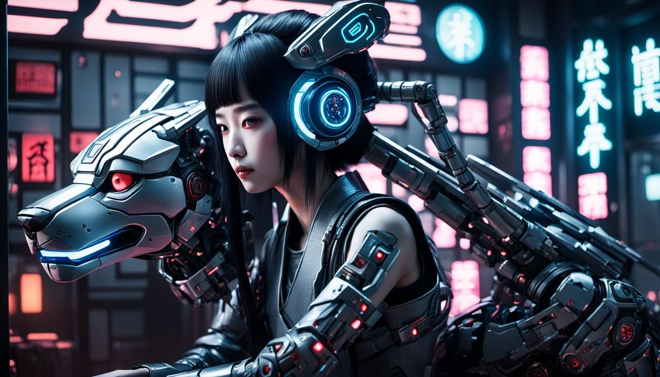 dark and neon Japanese futuristic interior, futuristic geish...