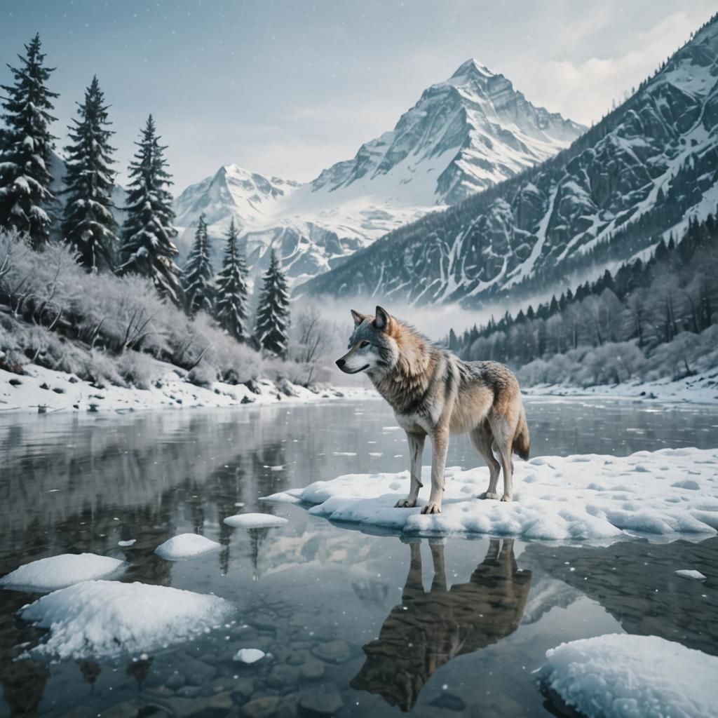 Freezing river next to an icing mountain and a snow wolf standing on it in the snowing day  by @Wukong
