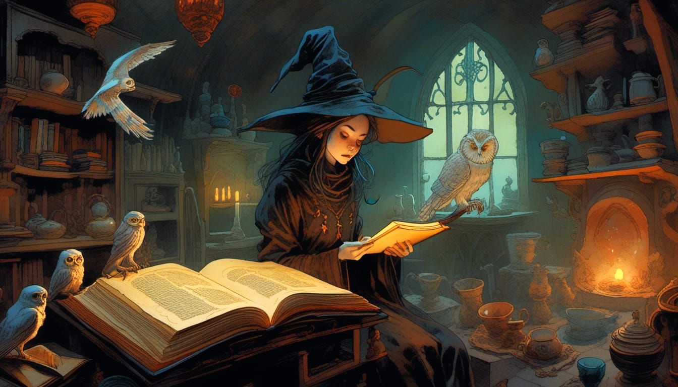 "digital watercolour art of a witch reading a glowing magic book in an intricate insanely detailed kitchen, an owl on a perch in the backgro...