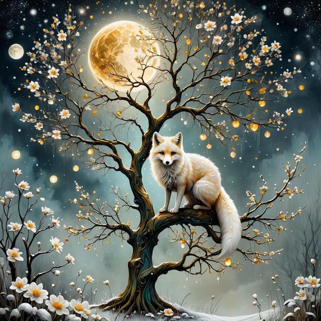 Ethereal Collage of Fox, Moon, and Flowers