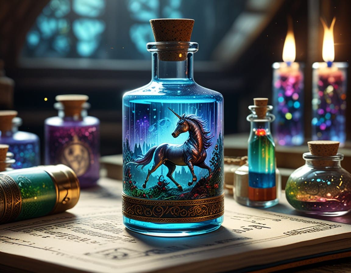 close up: unicorn potion, exquisitte ornate vial with sparkling rainbow potion