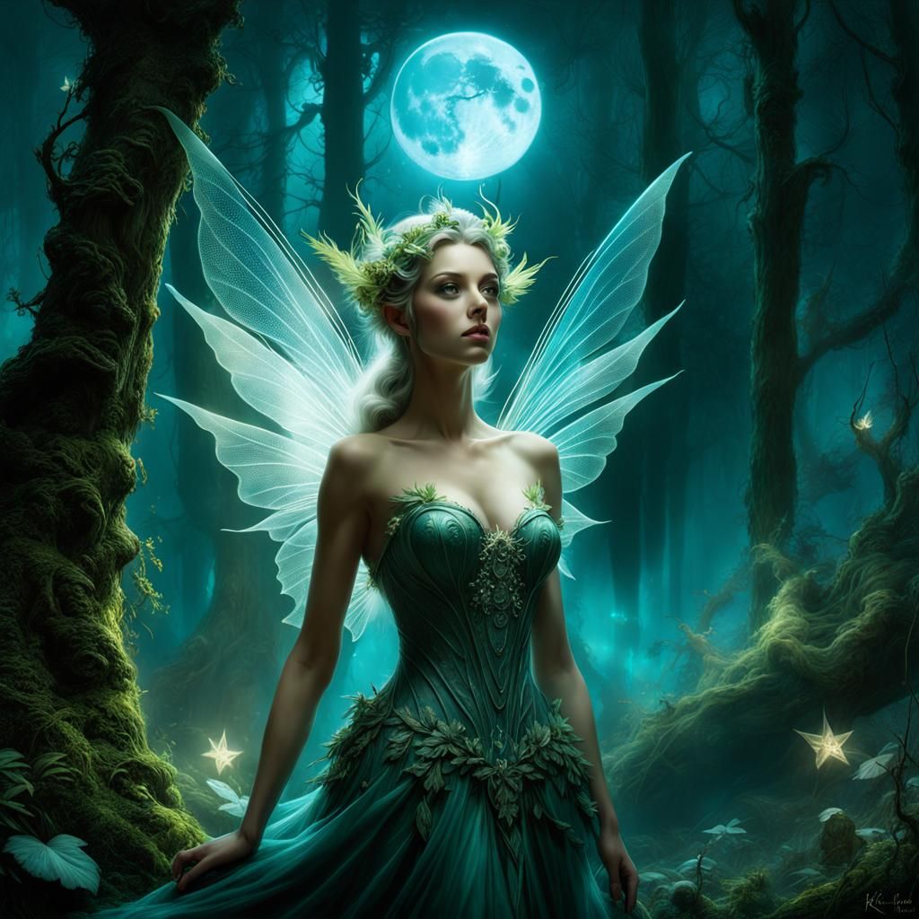 A moonlit portrait of a forest fairy : particles flying around ...