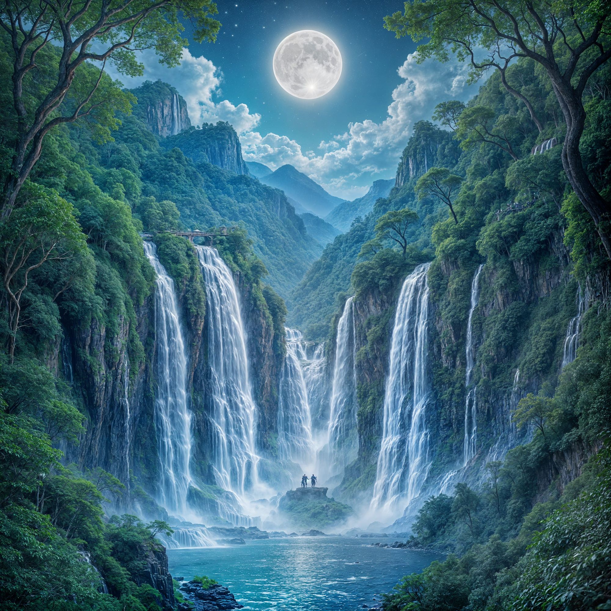Three tall waterfalls splashing down a mountainside in an enchanted forest under moon and stars.the water in the falls takes on the shape of...