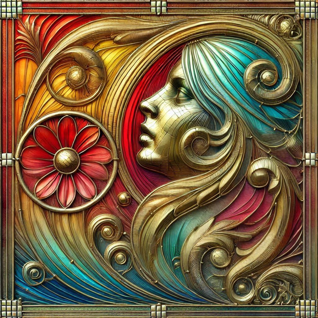 Woman amid flowers and golden tendrils