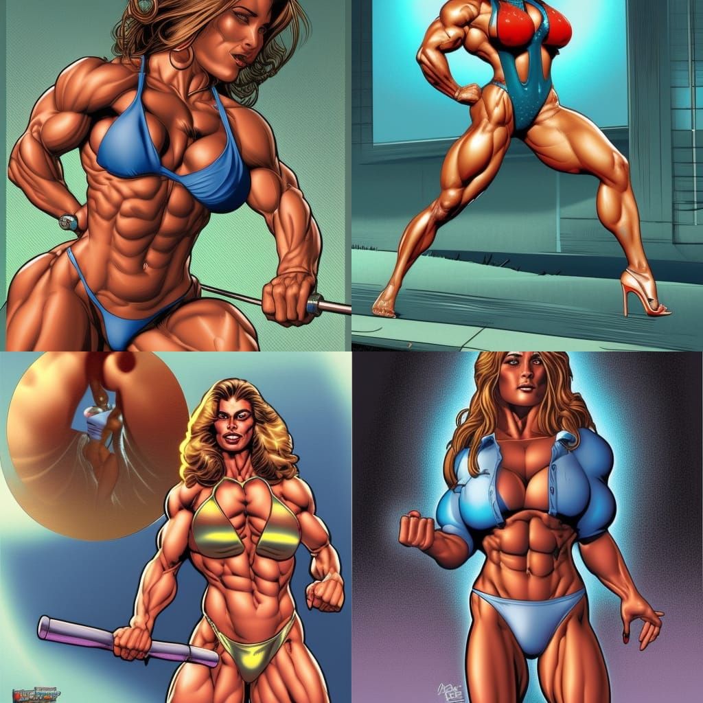 AI Art Generator: Muscular Women before and after muscle
