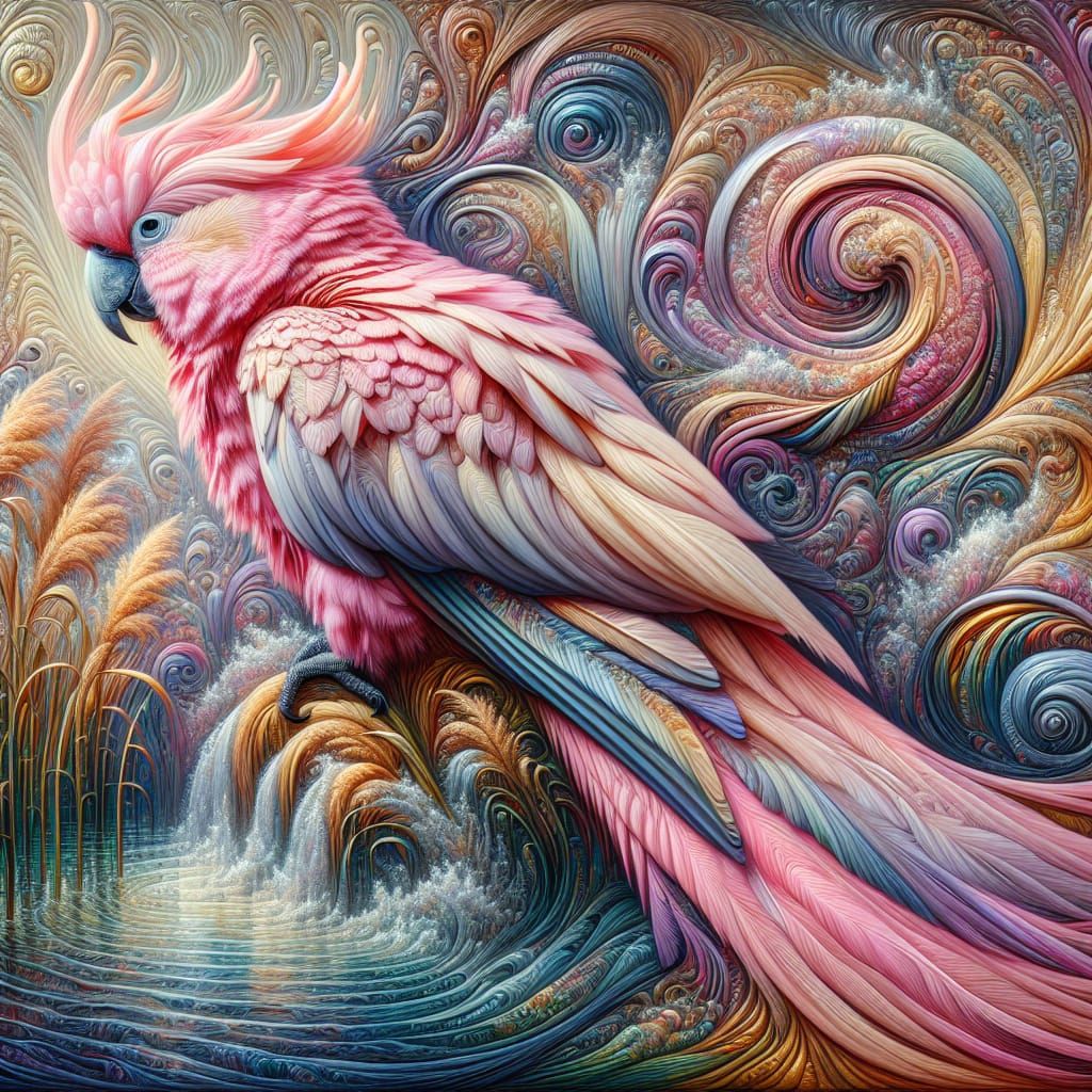 Detailed and intricate oil painting by daniel merriam, a pink cockatoo with long flowing feathers and tail depicted on an intricate backgro...