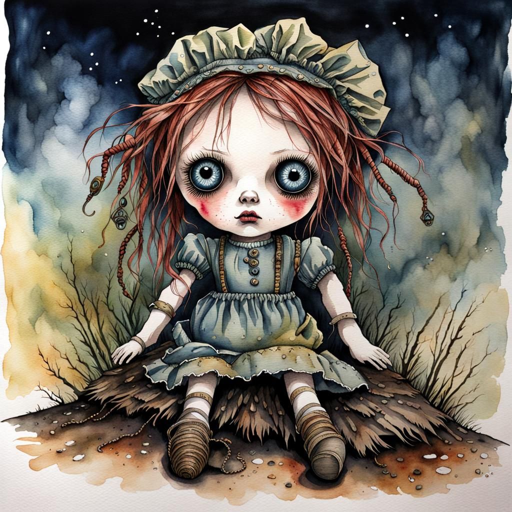 Unhappy Rag Doll in Ominous Watercolor Landscape