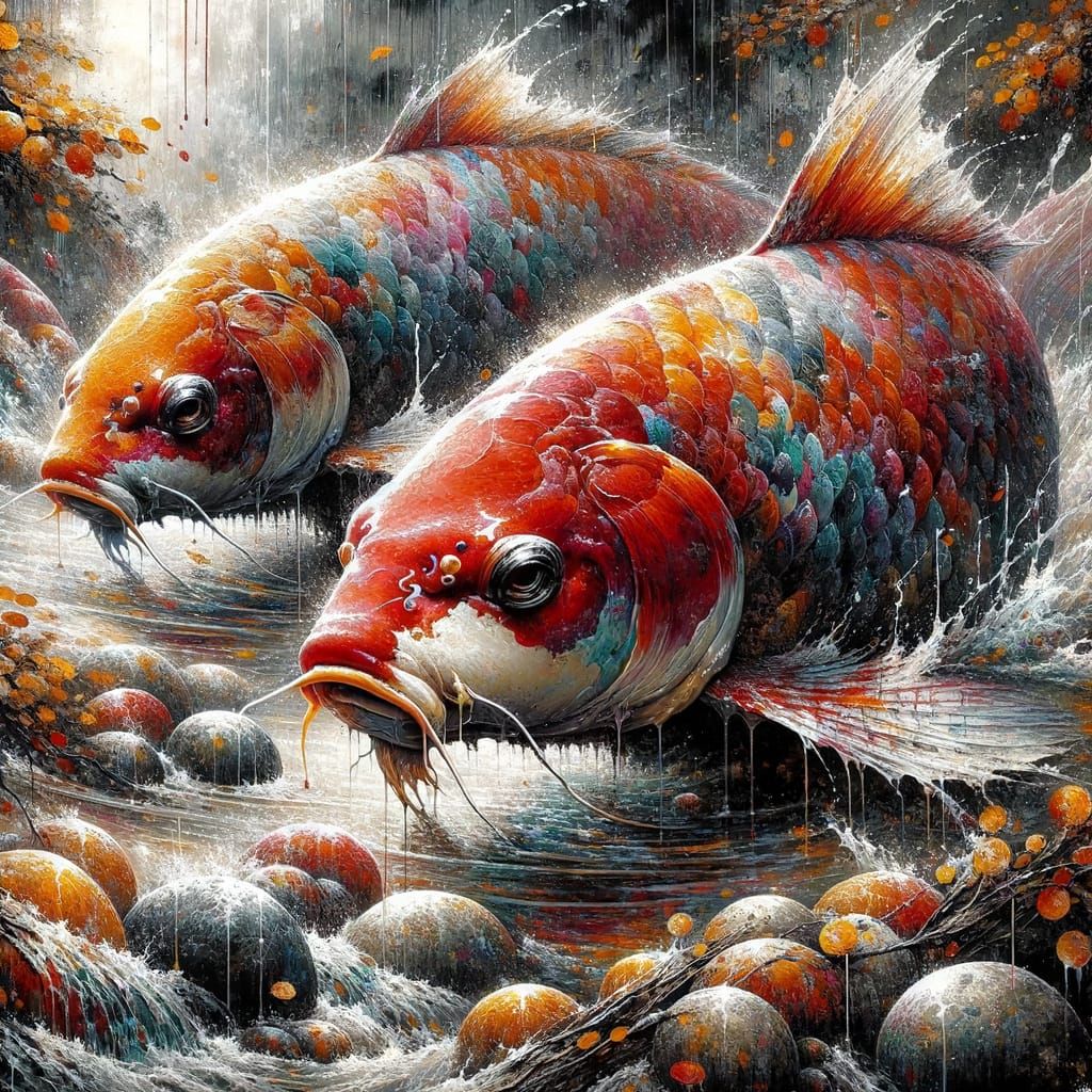 portrait of two insanely detailed koi fish :: brook :: rainy day :: ink and watercolor painting :: wet on wet :: modern ...