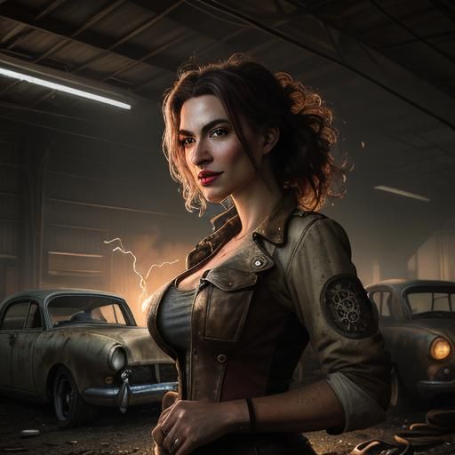 portrait of breasty   girl, mechanic worker in an old steampunk style garage full of vintage abandoned ...  by @Salvinia