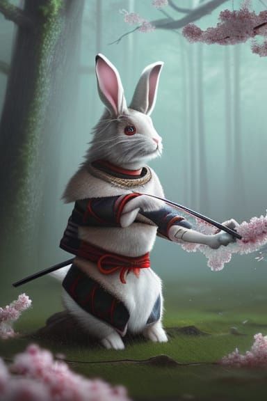 a realistic rendering of an anthropomorphic Samurai Rabbit, in a cherry ...