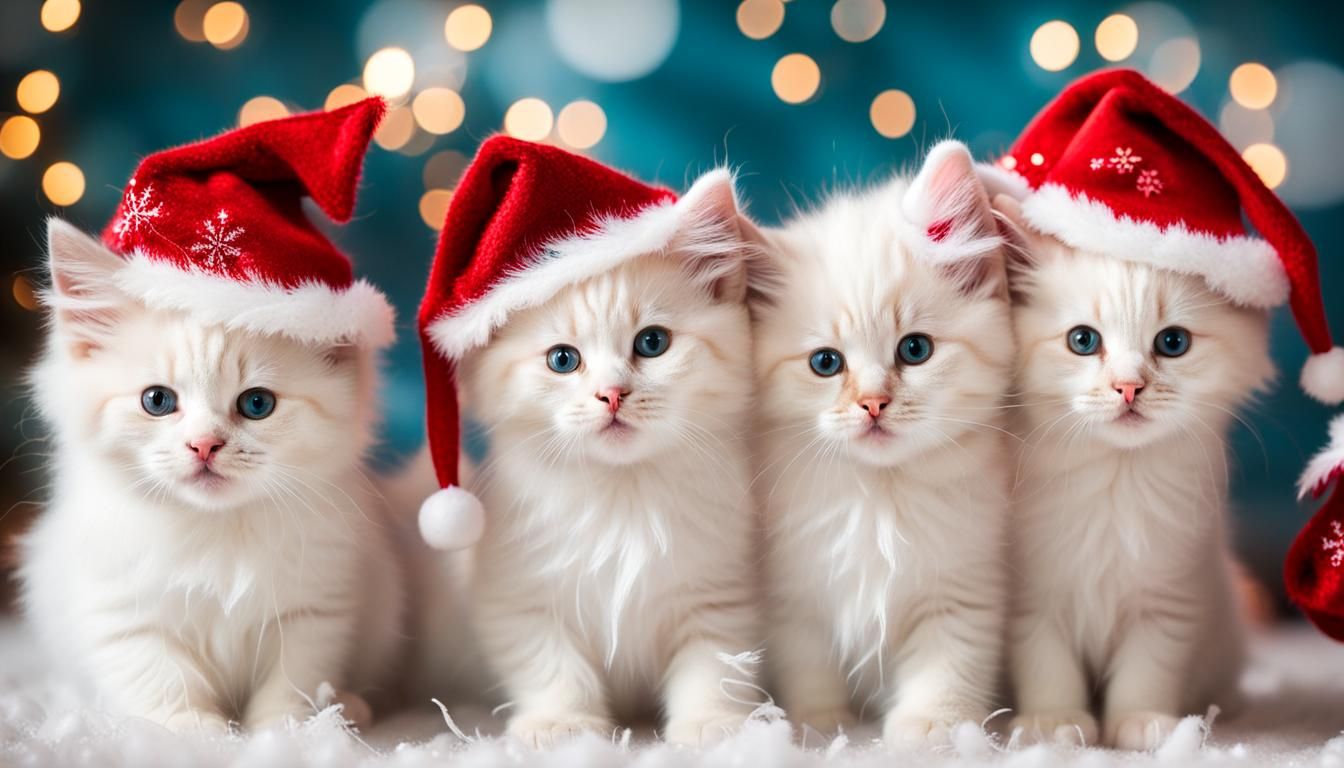 white fluffy kittens with christmas hats, sparkly scarft