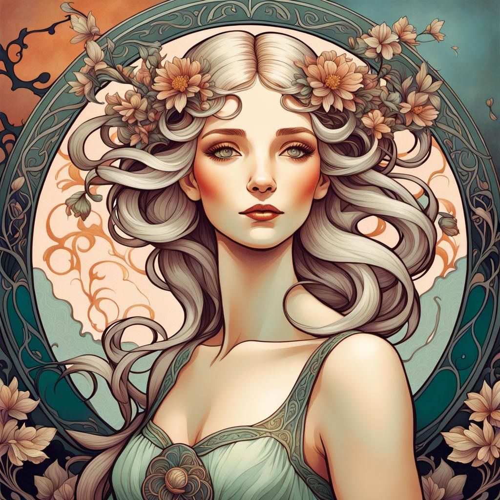 A whimsical, Art nouveau Mucha-inspired illustration. Woman channeling the energy of nature and mindfulness 