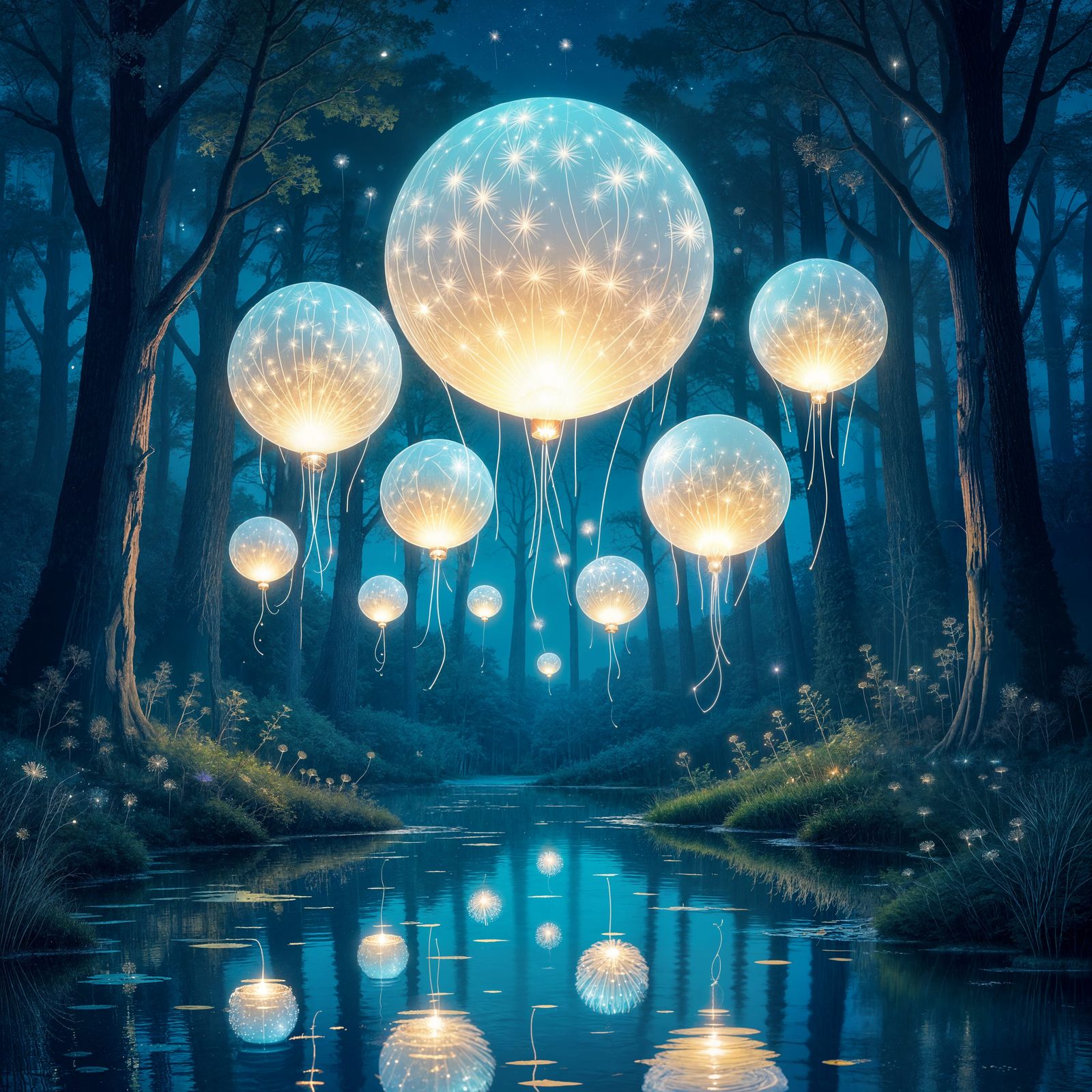 Dozens of glowing, bioluminescent balloons rising above an enchanted forest at night, illuminating the ...  by @BossDlegend