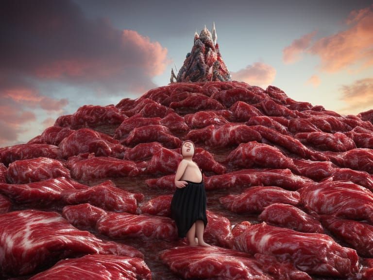 baby & monster on a mountain of red meat