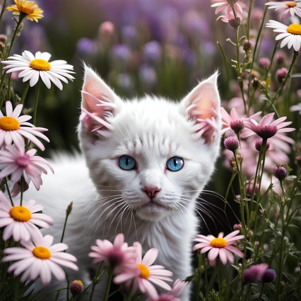 , White kitten huge blue eyes half his face and one ear Blac...