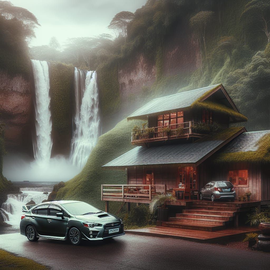 Car Parked Beside House With Waterfalls