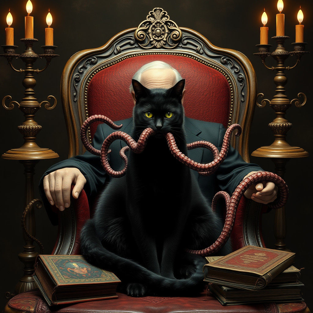 A black cat next to H.P. Love craft with tentacles coming ou...