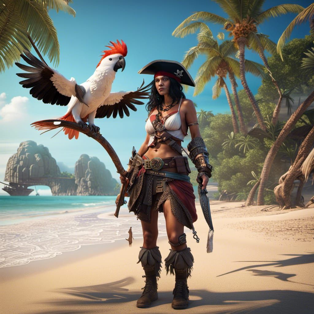 Female pirate on a tropical beach with a Moluccan cockatoo o...