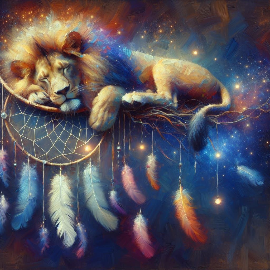 Majestic Lion Asleep on Dreamcatcher: Oil Painting