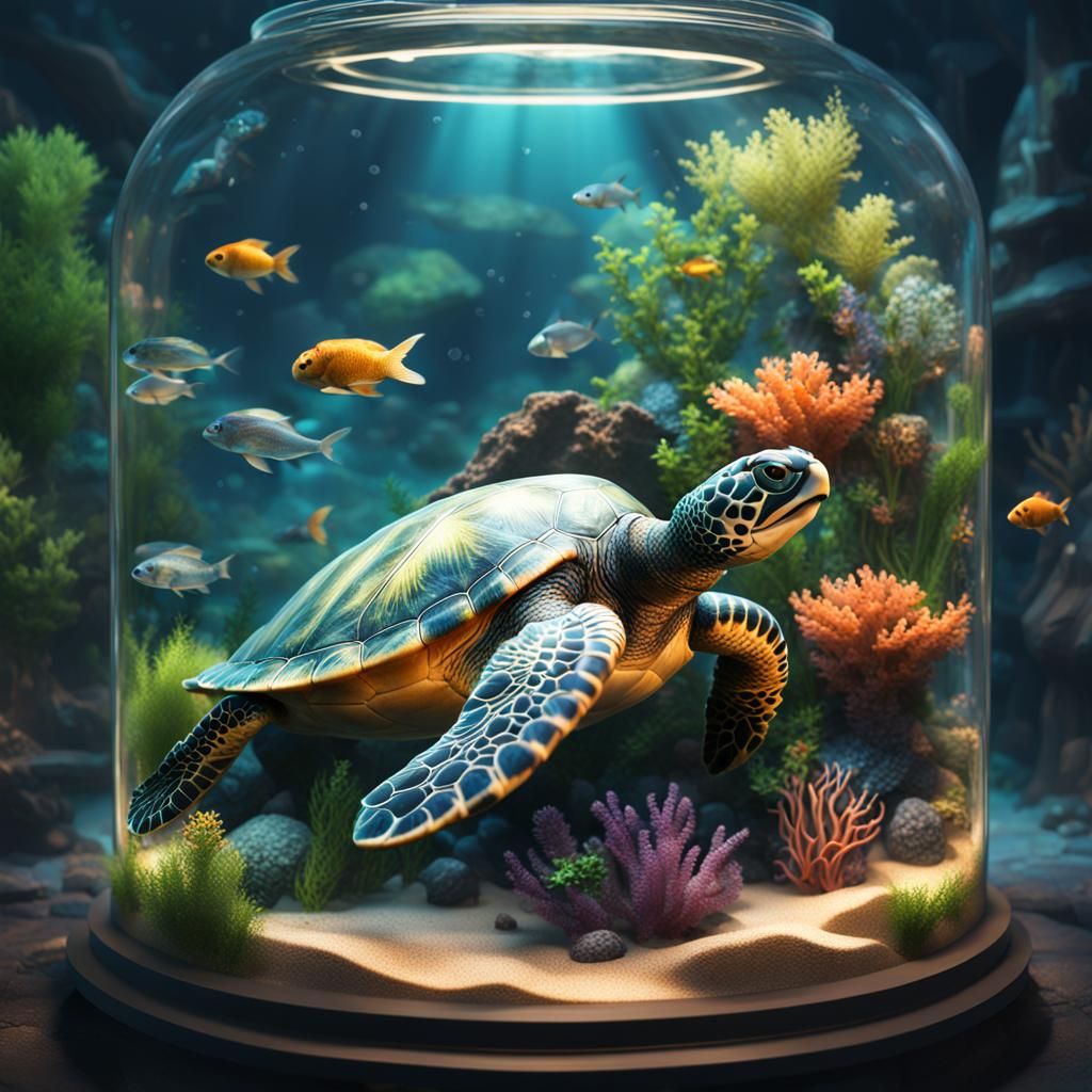 Sea turtle and fish inside terrariums