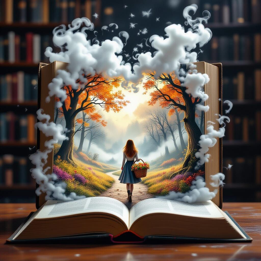 a book with an open page, on the pages is a girl holding a basket of flowers and walking along a path in autumn through a magical fantasy fo...