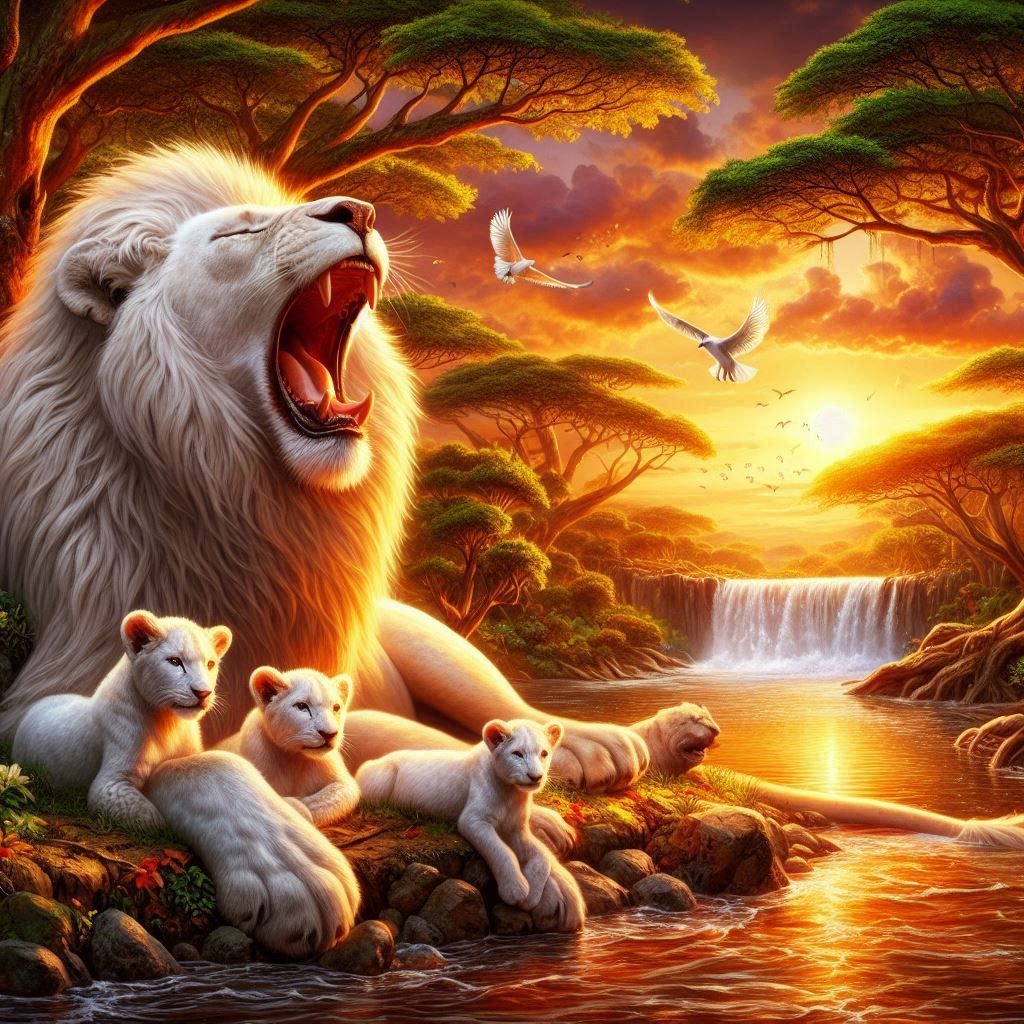 A WHITE LION AND HIS CUBS